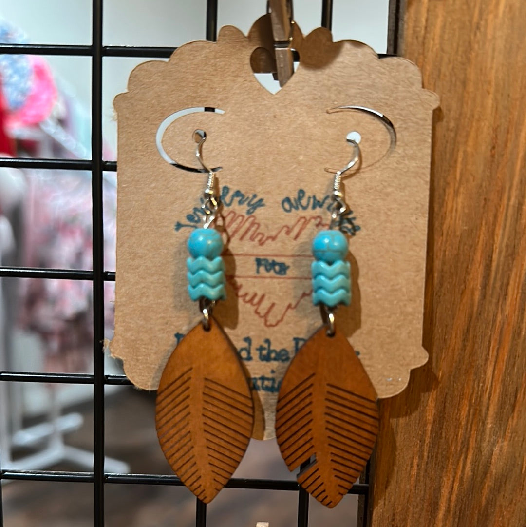  Turquoise and brown feather earrings