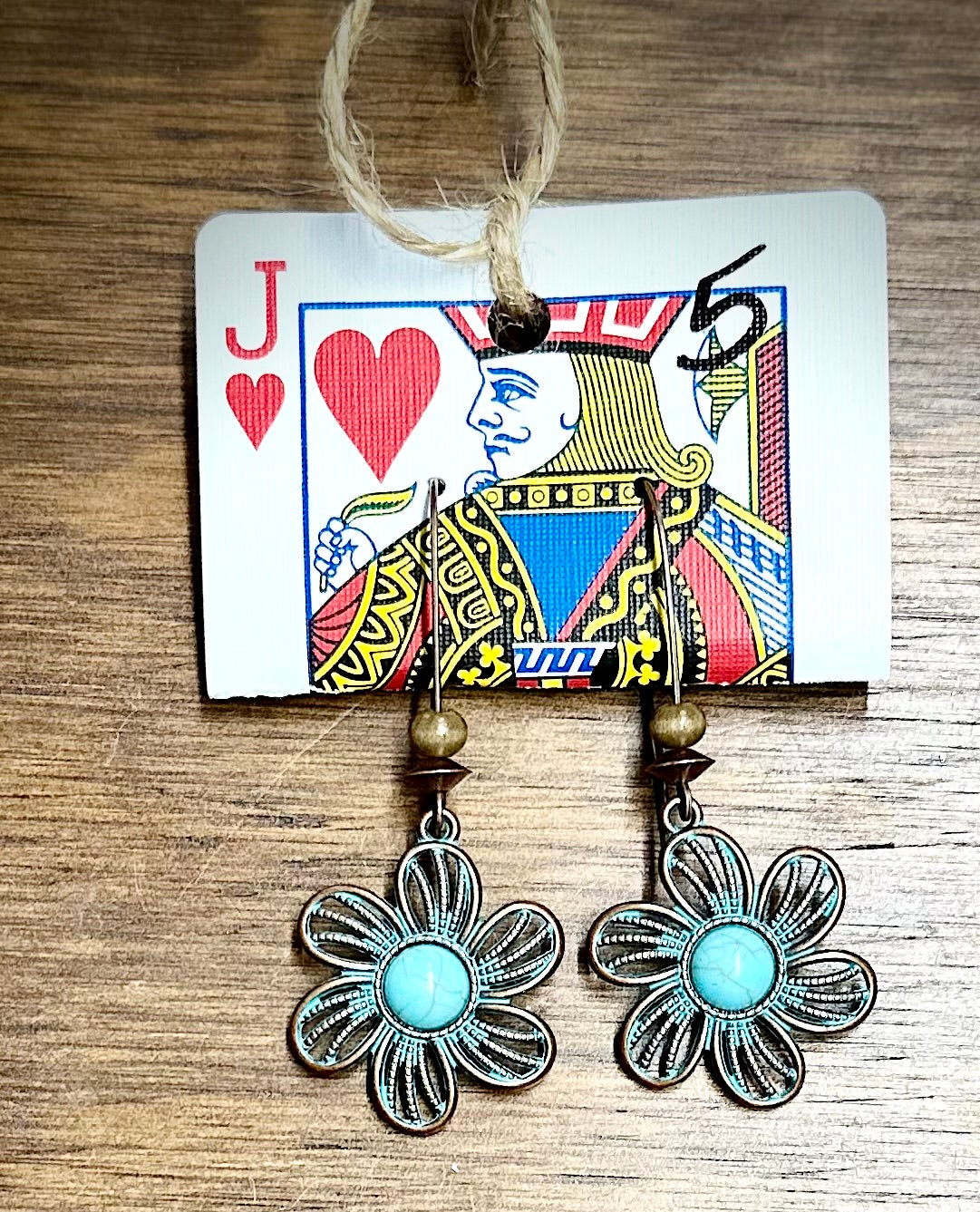 Turquoise and bronze earring, jack of hearts