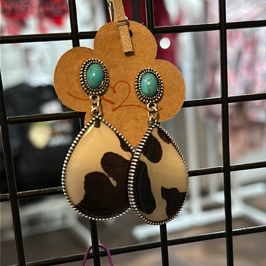 Cow, print and turquoise drop earrings