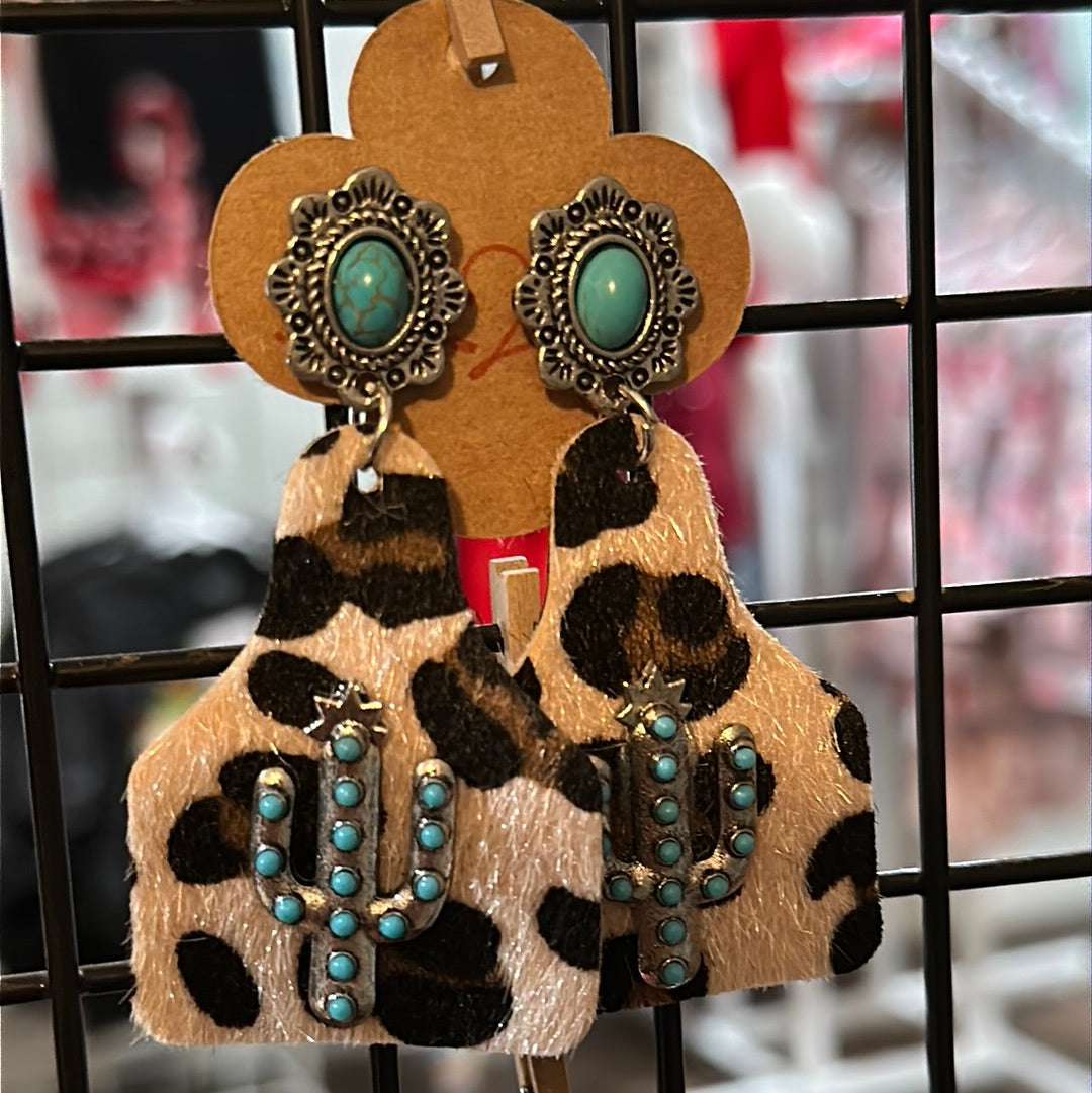 Cow, print, and turquoise earrings