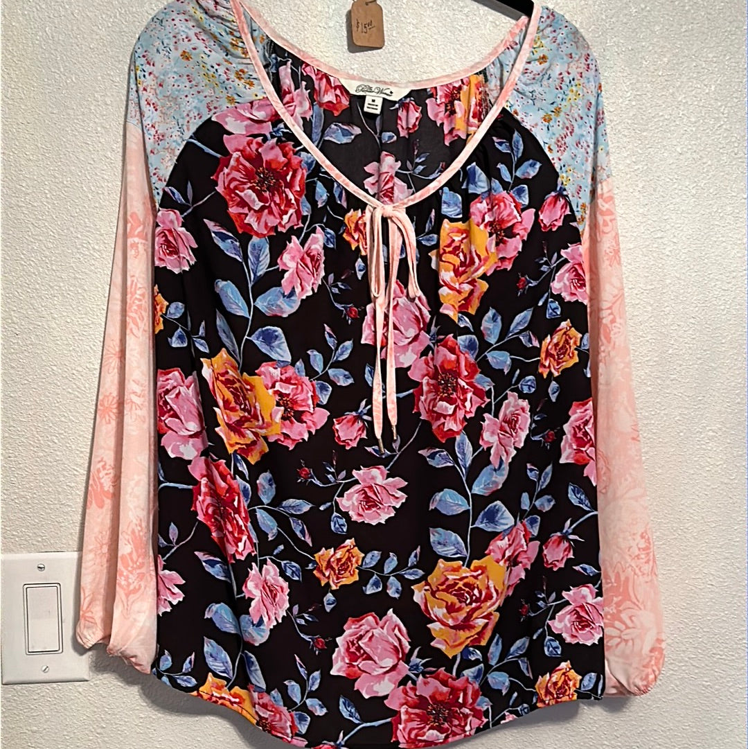 Pink floral, blouse, size medium