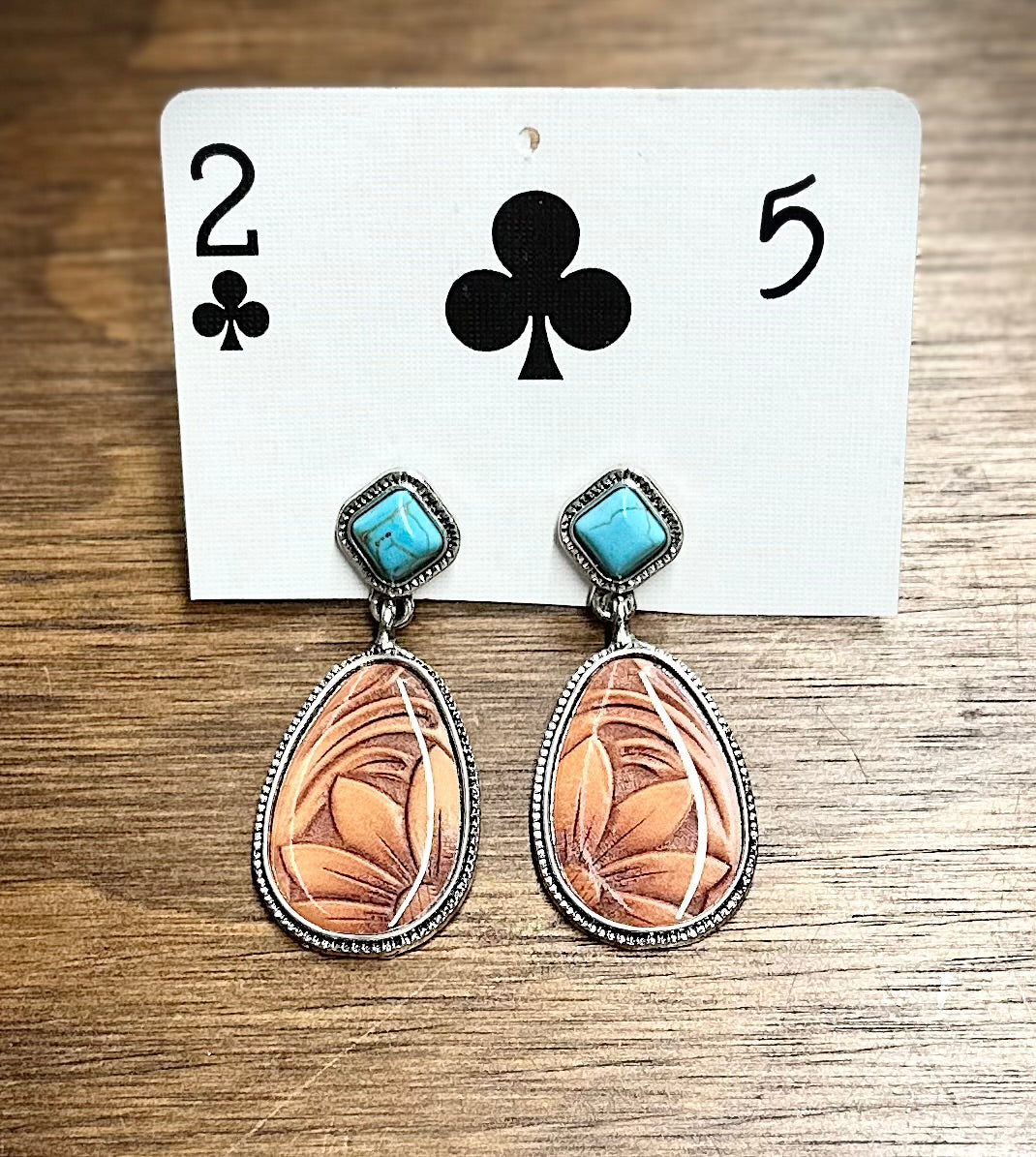 Turquoise and brown earrings two of clubs