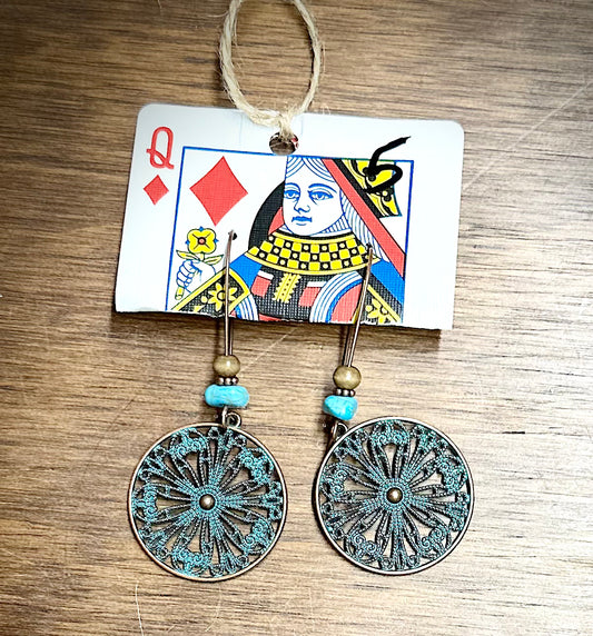 Turquoise and bronze earrings, queen of diamonds